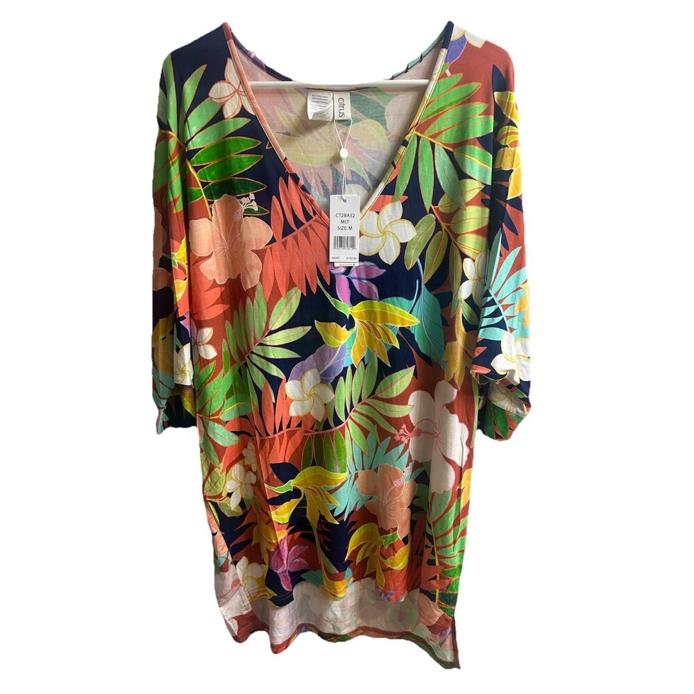 Citrus Brand Women's Tropical Print V-neck Tunic Swimsuit Cover-up Size Medium